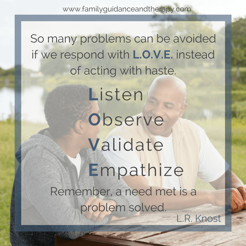 So many problems can be avoided if we respond with L.O.V.E. instead of reacting in haste...  Listen Observe Validate Empathize  Remember, a need met is a problem solved. - L.R. Knost