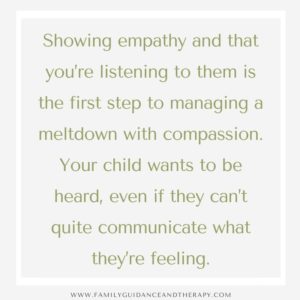 Showing empathy and that you’re listening to them is the first step to managing a meltdown with compassion. Your child wants to be heard, even if they can’t quite communicate what they’re feeling.